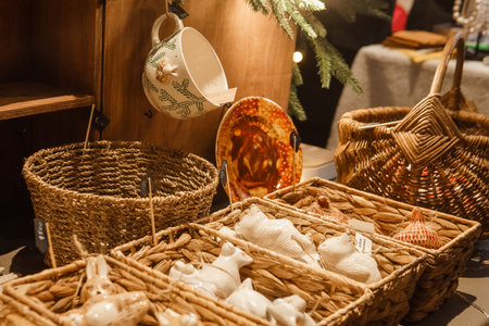 Sale of handmade ceramic Christmas tree toys at the Christmas Fair. Black Friday for the winter holidaysの写真素材