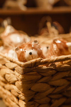Sale of handmade ceramic Christmas tree toys at the Christmas Fair. Black Friday for the winter holidaysの写真素材