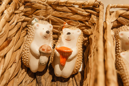 Sale of handmade ceramic Christmas tree toys at the Christmas Fair. Black Friday for the winter holidaysの写真素材