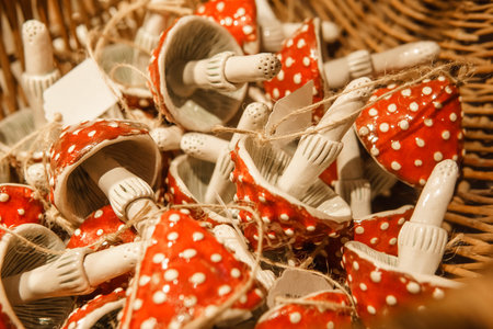 Sale of handmade ceramic Christmas tree toys at the Christmas Fair. Black Friday for the winter...