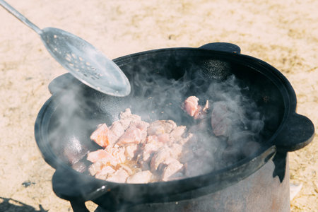 Meat cooking in a large cauldron outdoors over an open fire, a classic outdoor cooking concept for camping and traditional cuisine.の写真素材