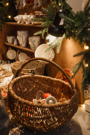 Sale of handmade ceramic Christmas tree toys at the Christmas Fair. Black Friday for the winter holidays.の写真素材
