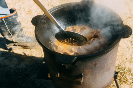 Meat cooking in a large cauldron outdoors over an open fire, a classic outdoor cooking concept for camping and traditional cuisine.の写真素材