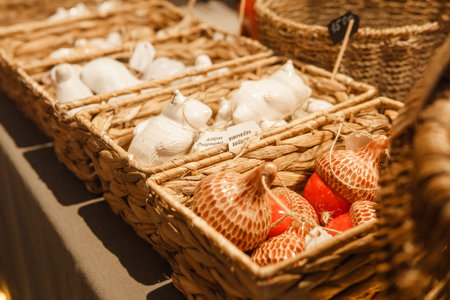 Sale of handmade ceramic Christmas tree toys at the Christmas Fair. Black Friday for the winter...