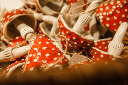 Sale of handmade ceramic Christmas tree toys at the Christmas Fair. Black Friday for the winter holidays.の写真素材