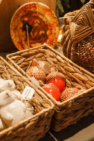 Sale of handmade ceramic Christmas tree toys at the Christmas Fair. Black Friday for the winter holidays.の写真素材