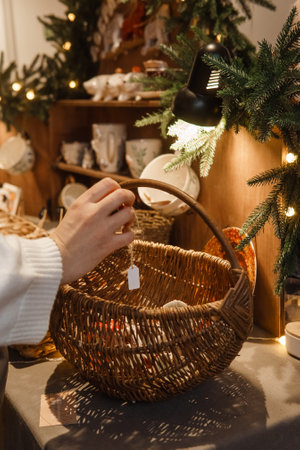 Sale of handmade ceramic Christmas tree toys at the Christmas Fair. Black Friday for the winter holidays.の写真素材