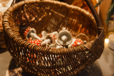 Sale of handmade ceramic Christmas tree toys at the Christmas Fair. Black Friday for the winter holidaysの写真素材