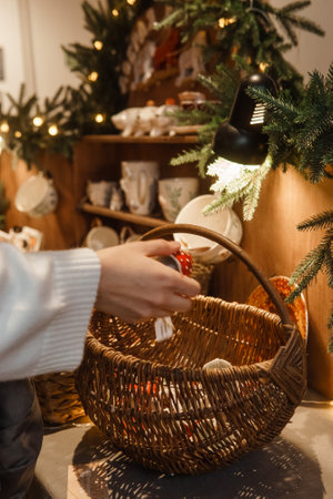 Sale of handmade ceramic Christmas tree toys at the Christmas Fair. Black Friday for the winter holidaysの写真素材
