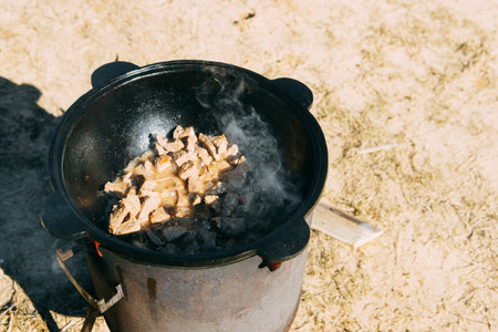 Meat cooking in cauldron outdoor. Plov recipe with meat. Cooking food street. Traditional cuisine...