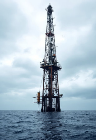 Offshore oil drilling rig platform on a moody sea against a cloudy sky. Ocean exploration and crude petroleum extraction concept.の写真素材