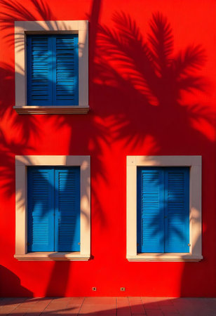 Bright red wall featuring striking blue windows, enhanced by a bold shadow of palm tree leaves. The interplay of color and shadow creates a tropical, artistic effectの素材