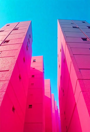 Abstract pink geometric structures reach skyward against a vibrant blue sky backdrop. The image captures dynamic lines and vivid colors in a modern, artistic compositionの素材