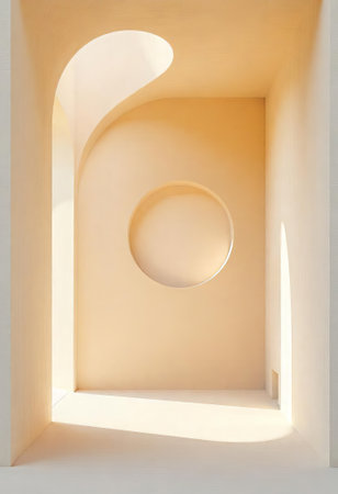 Minimalist architectural wall with a circular opening casting geometric shadows. Clean lines and neutral tones create a striking visual effect under a clear skyの素材