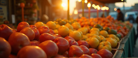 A vibrant outdoor market stall showcasing an array of fresh fruits and vegetables captured beautifully at sunsetの素材