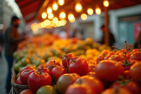 Vibrant fruit baskets at an outdoor market featuring apples, citrus, and others under sunlight, with shoppers browsing in the backgroundの素材