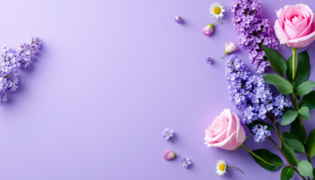 An artistic arrangement of delicate pink roses and fragrant lilac flowers displayed gracefully over a bright purple surface, creating a cheerful and sophisticated floral presentation.の素材