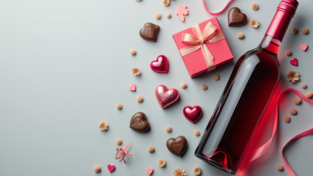 Heart-shaped chocolate box and wine bottle on gray backgroundの写真素材