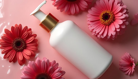 White cosmetic bottle with gold pump lid and pink flowers. Summer skincare product on pink background. Beauty and hygiene concept.の写真素材