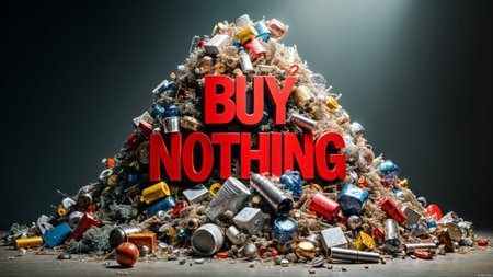 Red "BUY NOTHING" text on a large pile of assorted waste and recyclable objects. Concept of consumerism, anti-shopping day, and environmental protection.の写真素材