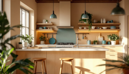 Modern kitchen with minimalist design featuring natural light and green plants.の素材