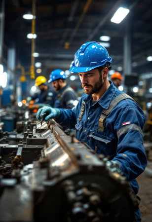 Man welder in yellow hard hat and blue work suit performing metal work with sparks in a factory workshop. Industrial welding and manufacturingの写真素材