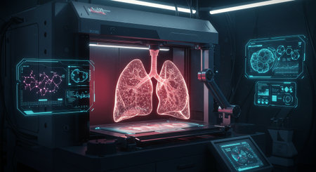 A detailed visualization of artificial lungs, glowing in a futuristic setting, representing medical advancement through 3D printing technology and biomedical scienceの素材