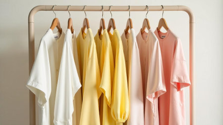 Neatly arranged collection of shirts in white, yellow, and pink hues displayed on a wooden rack. Represents clean organization, wardrobe essentials, and fashion color paletteの素材