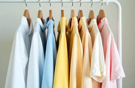 Assorted pastel shirts neatly arranged on wooden hangers create a colorful and organized display. This image highlights fashion, clothing organization, and variety in a wardrobe settingの素材