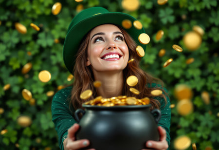 Woman Celebrating St. Patrick's Day with Gold Coins and Shamrocksの素材