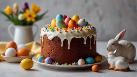 Colorful Easter cake with decorated eggs and floral arrangements for spring celebration
