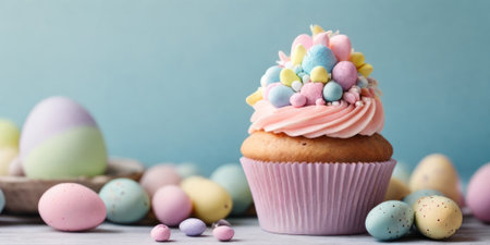 Easter-themed cupcakes with pastel frosting and cute chick decorationsの写真素材