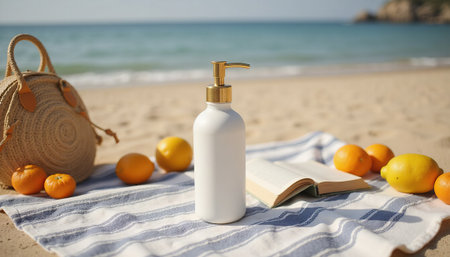 White sun lotion bottle with gold pump on beach towel. Beach picnic with fruits and book. Summer vacation or spa concept.の写真素材