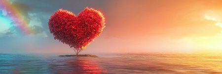 Heart-shaped rainbow flowers floating on calm water under vibrant skies