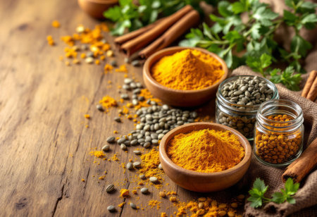 Beautiful assortment of fresh herbs and colorful spices placed on a rustic wooden table. Ideal for culinary themes, recipes, and organic living conceptsの素材