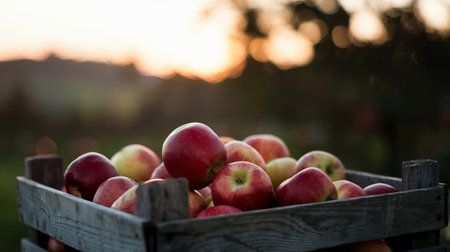 A picturesque scene of ripe apples in wooden crates under the soft glow of the setting sun, evoking freshness and natural abundanceの素材