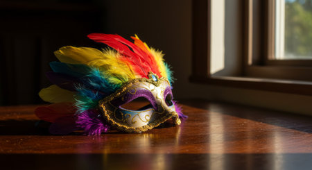 Bright vibrant mask adorned with multicolored feathers placed on a rustic table with sunlight streaming through a window, creating a cozy and inviting atmosphere.の素材