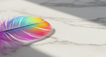 Vibrant multicolored feather resting on a white marble surface, showing vibrant shades of the rainbow in a minimalist and artistic arrangement. The concept of Pride monthの素材