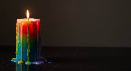 A vibrant candle with a rainbow design melting, viewed on a reflective dark surface, creating a warm and artistic atmosphere with vibrant colors and soothing light. The concept of Pride month.の素材