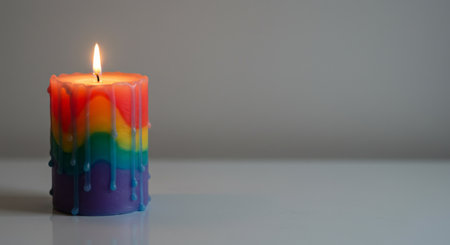 Vibrant rainbow candle dripping colorful wax with a burning flame, set against a plain light background, symbolizing warmth, creativity, and individuality. The concept of Pride monthの素材