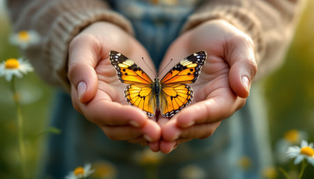 closeup of children's hands holding pure butterfly symbolizing innocence, pure moment enhancing natural beauty, pure design perfect for creative projects, pure innovation admired globally.の素材