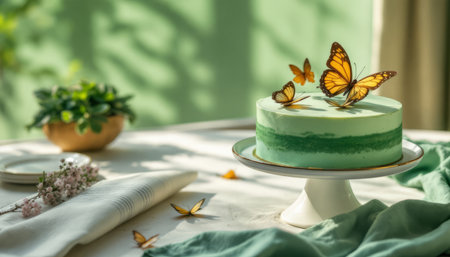 Smooth green cream cake decorated with delicate sugar butterflies, minimalist elegance captured in soft pastel hues, graceful pastry design for refined celebrations.の素材