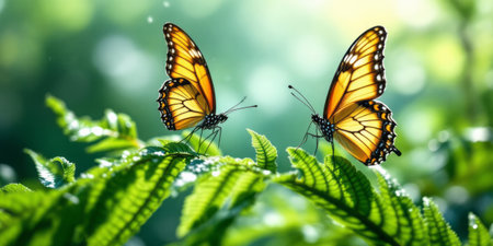 Soft glowing light touches butterfly wings, ethereal beauty dancing through ferns, dreamlike atmosphere enhancing the scene with airy charm and organic allureの素材