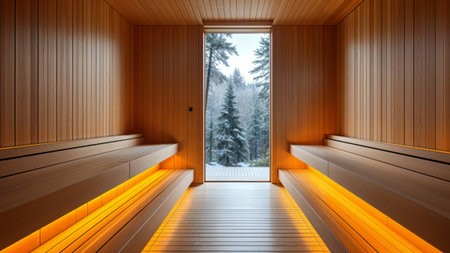 Scandinavian modern sauna interior photo, orange light, professional photo.の写真素材