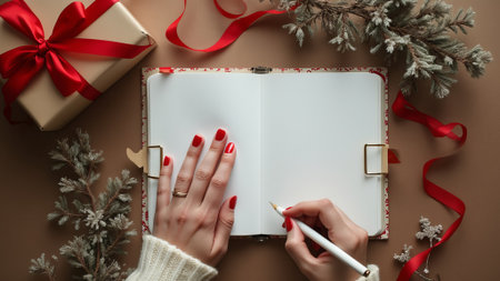 Cozy holiday setting featuring a person preparing a greeting card, surrounded by gifts and festive decor.の写真素材