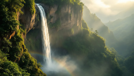 Breathtaking waterfall cascades down a cliff surrounded by vibrant green forest. Sunlight filters through the trees, illuminating a beautiful rainbow in the mist, creating a peaceful and serene scene.の写真素材
