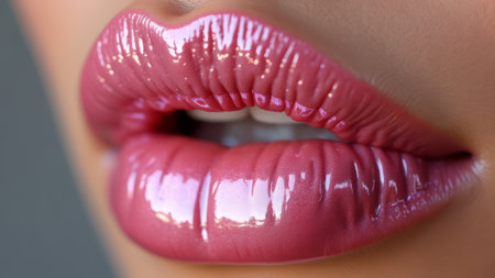 Close-up of pink lips with shimmering lip gloss. Women's beauty and lip care, lip moisturizing.の写真素材