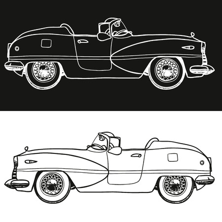 Black and white retro car hand drawnのイラスト素材