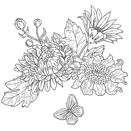 chrysanthemum drawn flowers black white vector illustrationのイラスト素材