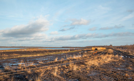 Landscape shot with tracks and points system of a peat trainの写真素材